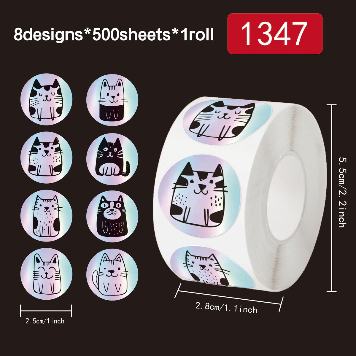 500pcs Holographic Cat Sticker Roll Waterproof & Self Adhesive Stickers