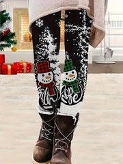  Christmas Leggings Snowman Print High Rise Stretch Leggings