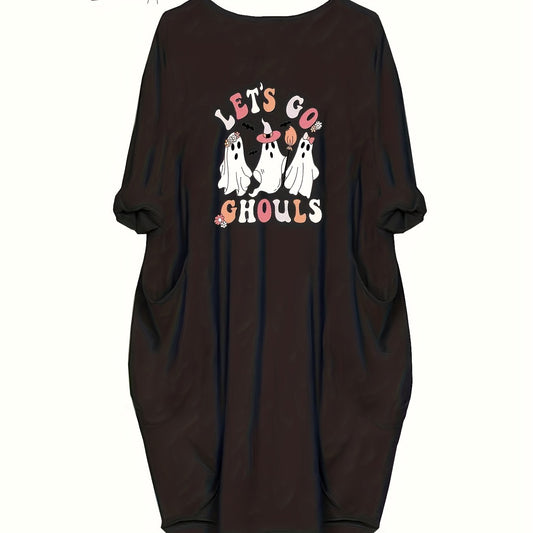  Halloween Dress Women's Plus Ghost Print Long Sleeve Round Neck Dress