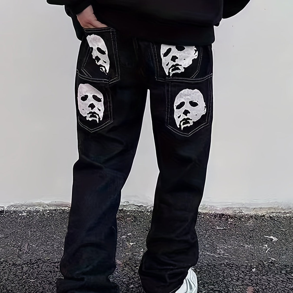 Face & Bat Pattern Loose Fit Jeans Men's Casual Street Style Denim Pants