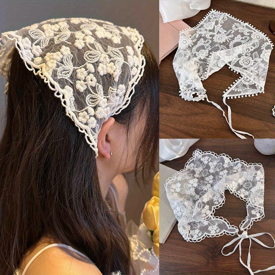 Floral Lace Triangle Hair Scarf Bridal Hair Accessory with Ribbon