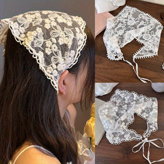 Floral Lace Triangle Hair Scarf Bridal Hair Accessory with Ribbon