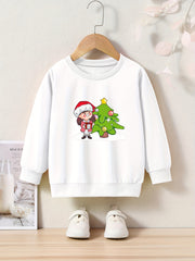 Christmas Girl And Tree Print Sweatshirt Long Sleeve Crew Neck Tops