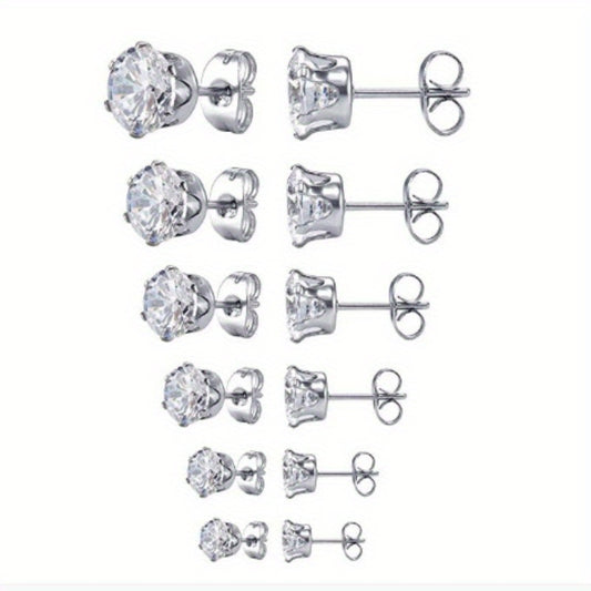 Men's Stainless Steel Claw Stud Earrings with Zircon 3mm 8mm