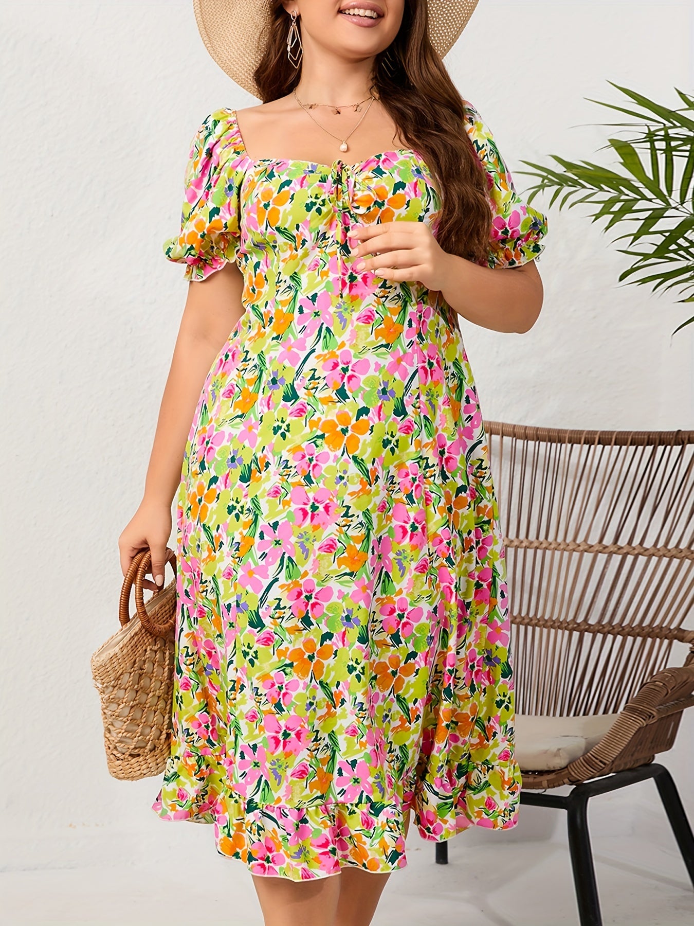  Ditsy Floral Print Ruffle Trim Puff Sleeve Maxi Dress