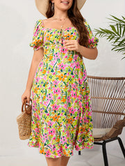  Ditsy Floral Print Ruffle Trim Puff Sleeve Maxi Dress