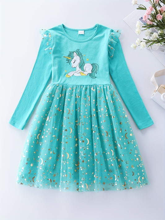Girls' Sun & Moon Sequins Long Sleeve Princess Dress with Unicorn Embroidery