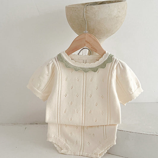 2pcs Baby Girls Hollow Out Knit Top & Shorts Set