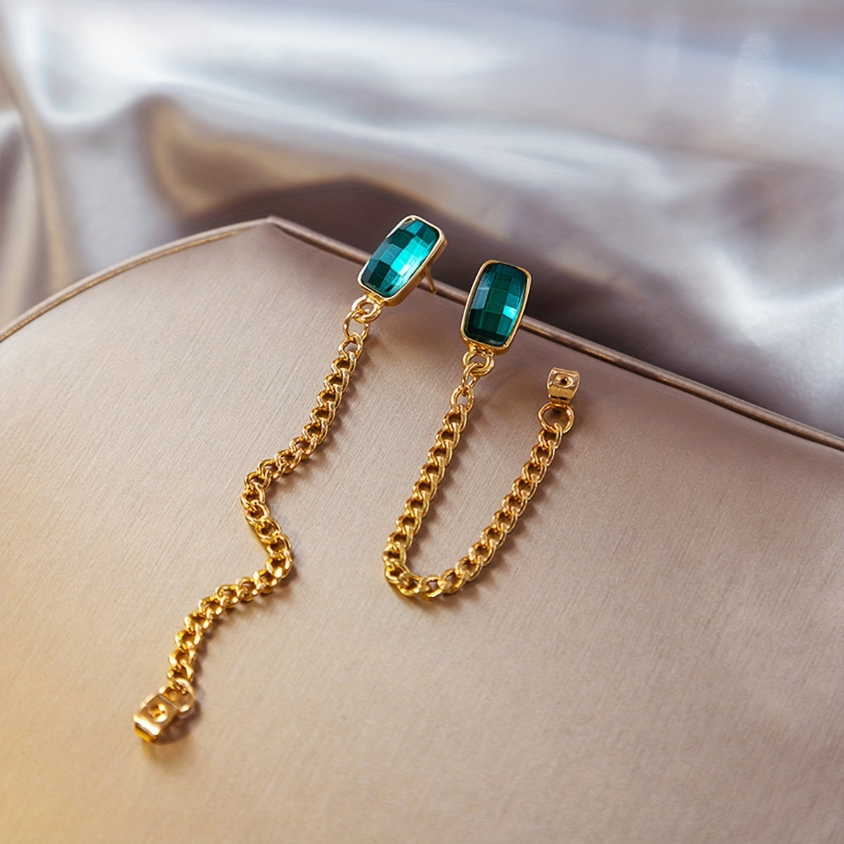 Long Chain Earrings Square Synthetic Gems 18K Plated Drop Earrings