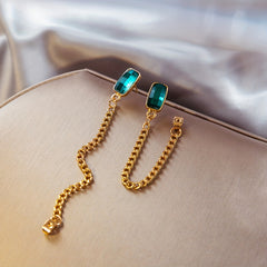 Long Chain Earrings Square Synthetic Gems 18K Plated Drop Earrings