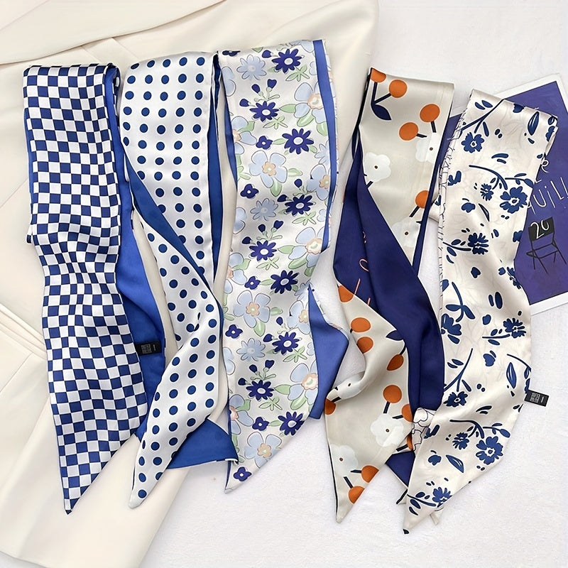 Floral Print Skinny Scarf Classic Satin Twilly Scarf Women Headband Hair Accesso