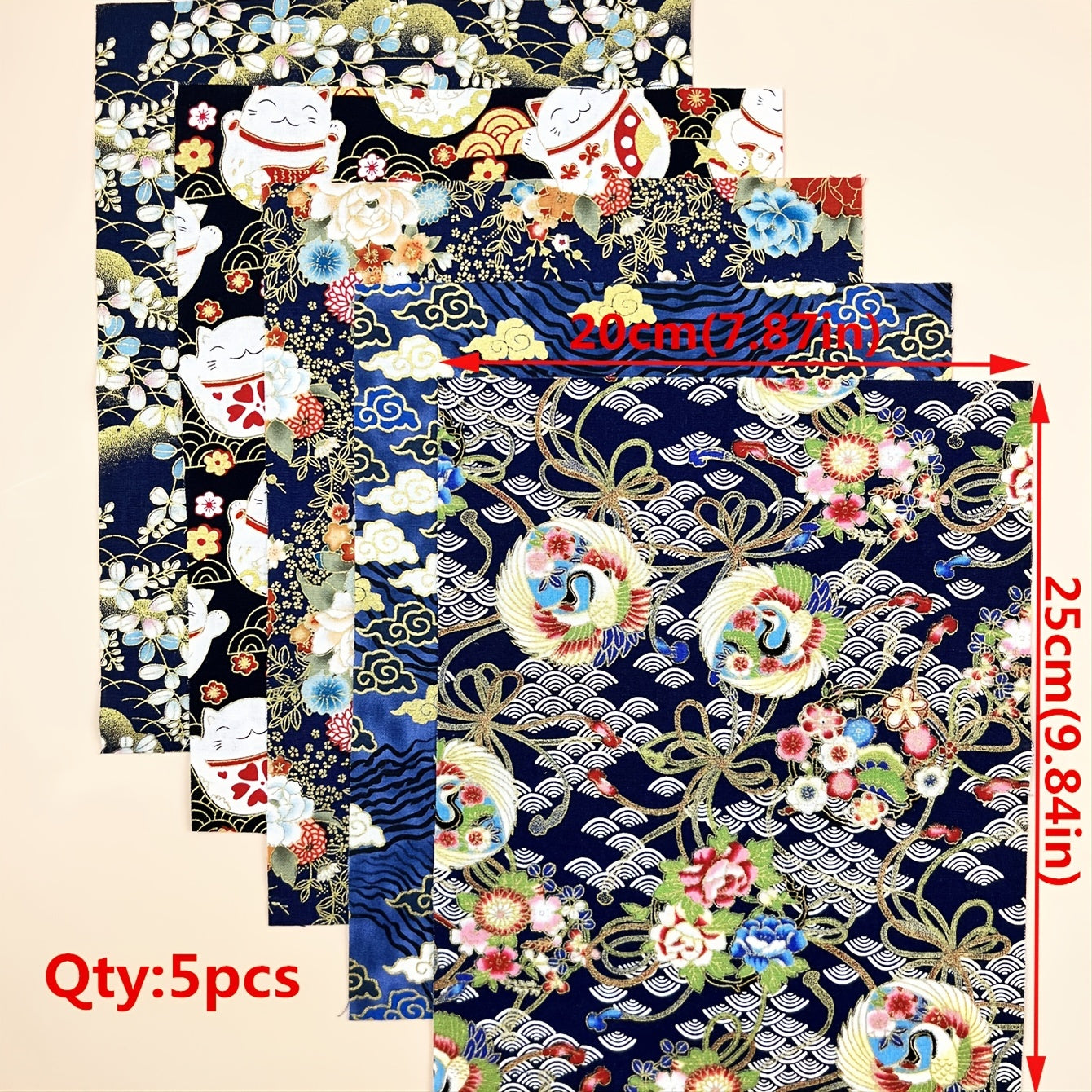 5pcs Dark Cotton Fabric Cat & Flower Printed Cheongsam Fabric