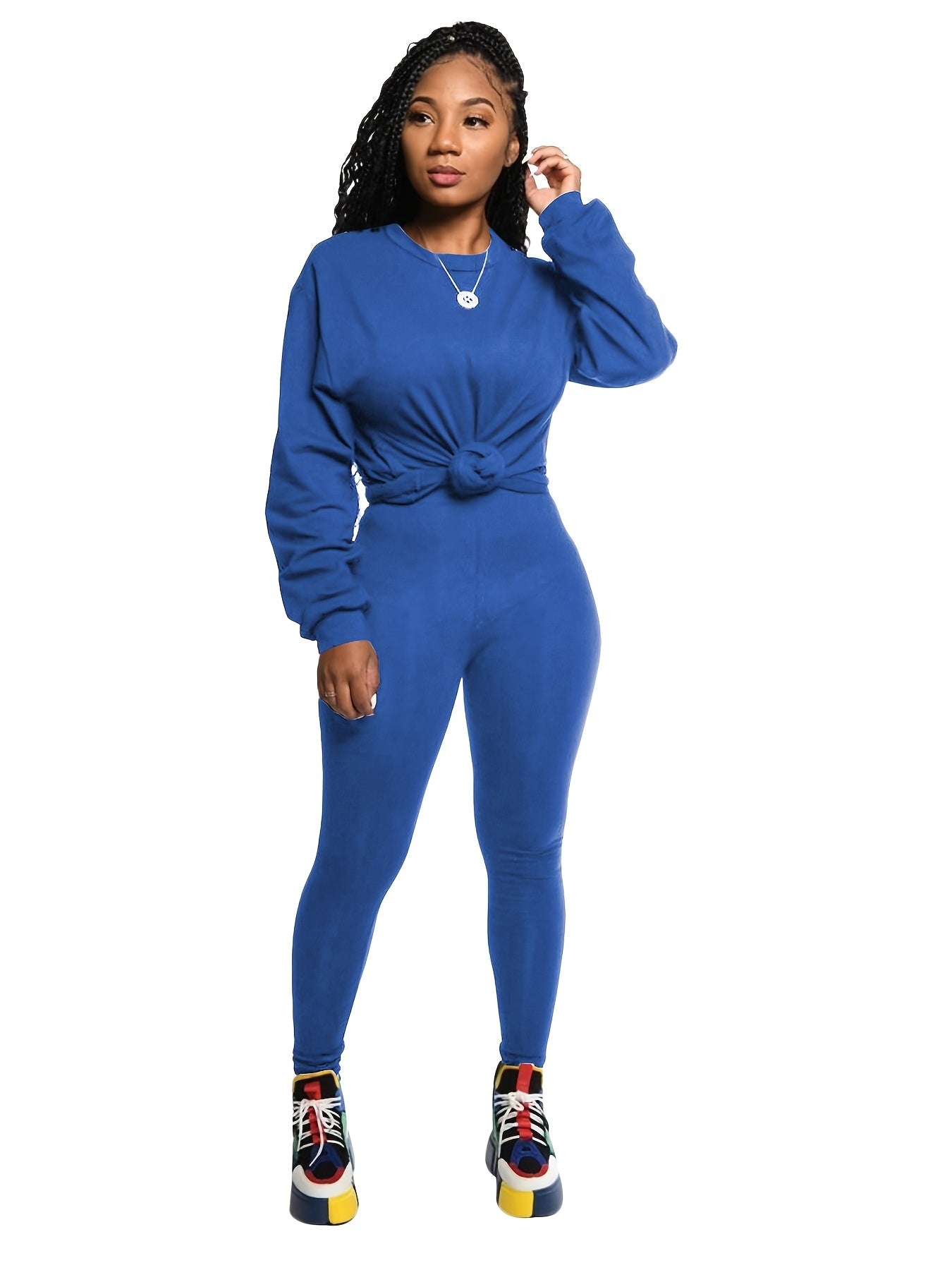 Solid Pullover Shirt & Pants Plus Size Set