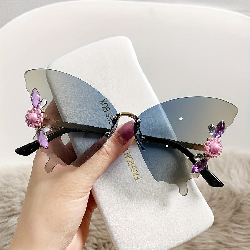 Y2K Butterfly Rimless Pearl Sunglasses for Women