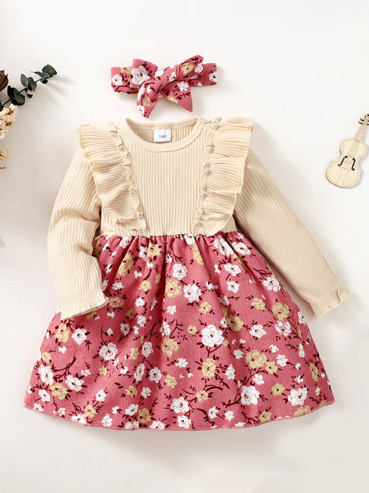 2pcs Floral Print Set: Knitted Ditsy Dress & Bow Headband for Party Baby Clothes