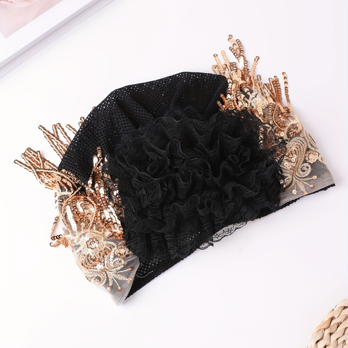 Sequin Tassel Embroidery Beanie Lace Flower Turban Cap Head Wrap