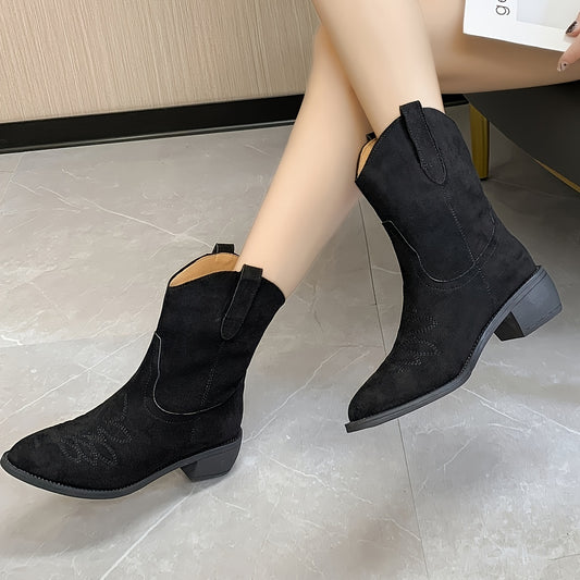 Women's Western Ankle Boots Embroidery Pull On Shoes Chunky Heeled Cowgirl Boots