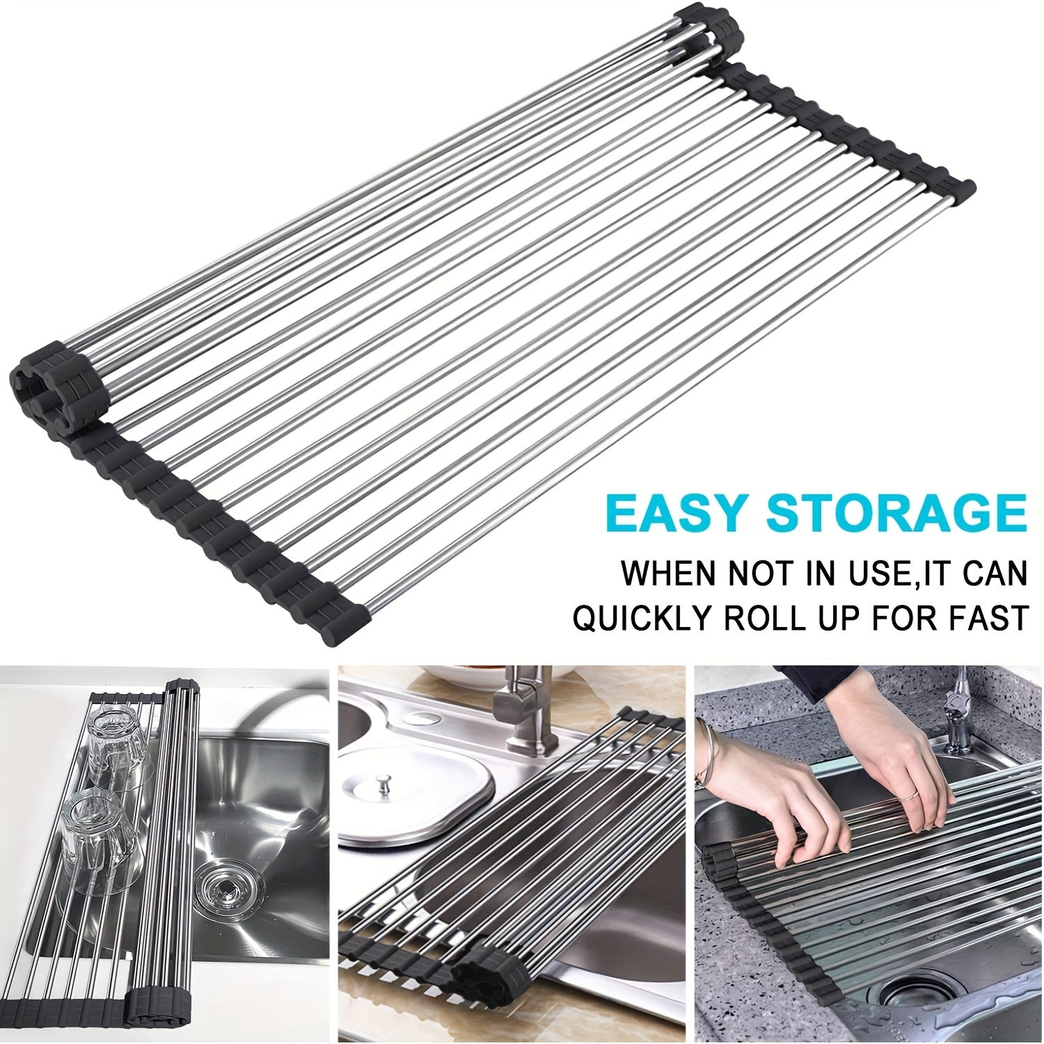 Stainless Steel Sink Drain Rack Over Sink Roll Up Large Dish Drainers Rack