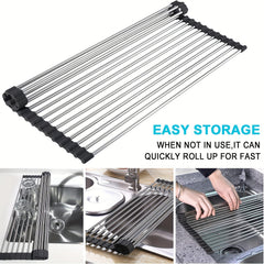 Stainless Steel Sink Drain Rack Over Sink Roll Up Large Dish Drainers Rack