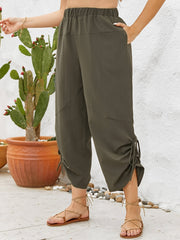  Solid Side Tie Ruched High Rise Wide Leg Pants