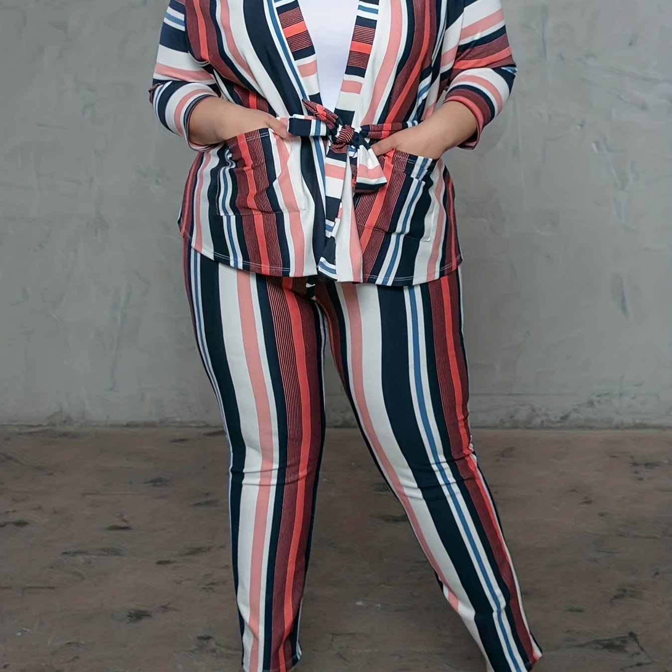  Colorblock Striped Kimono Cardigan & Leggings Set
