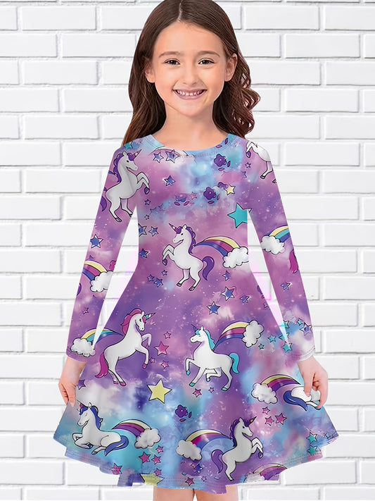 Girls 3D Rainbow Unicorn & Star Print Dress For Party Kids Gift