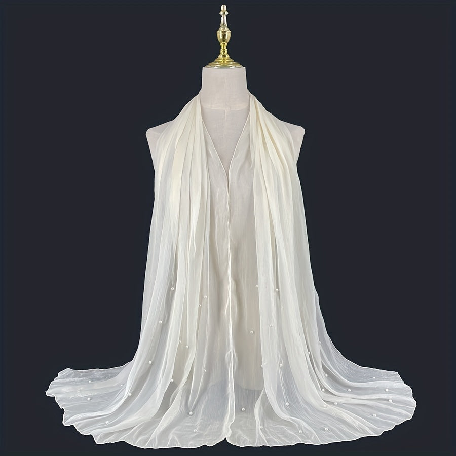 Boho Chiffon Scarf with Pearls Solid Shawl Thin Long Beach Towel