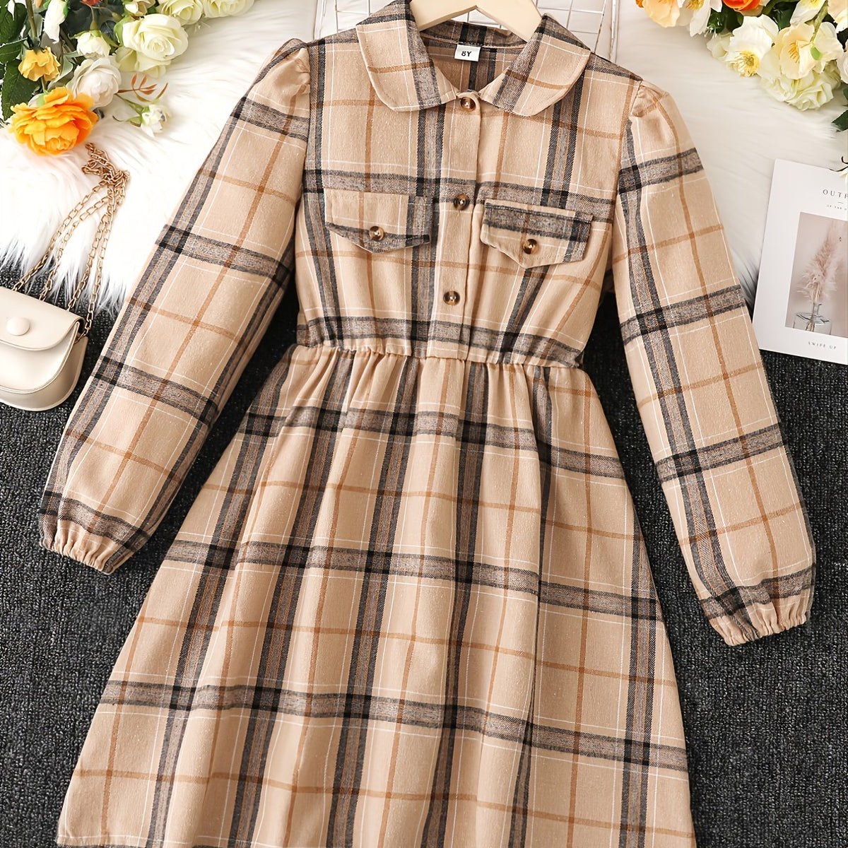 Girls Long Sleeve Lapel Dress with Dress Pattern