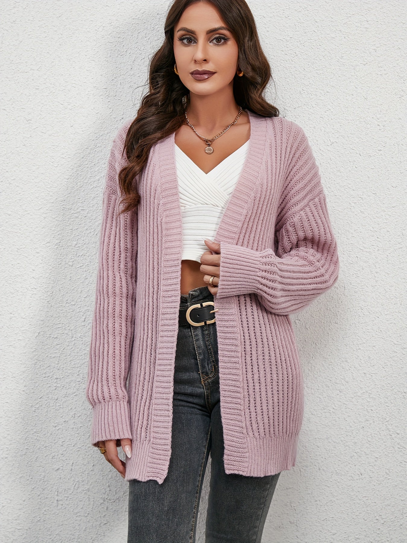  Ribbed Long Sleeve Open Front Knit Cardigan