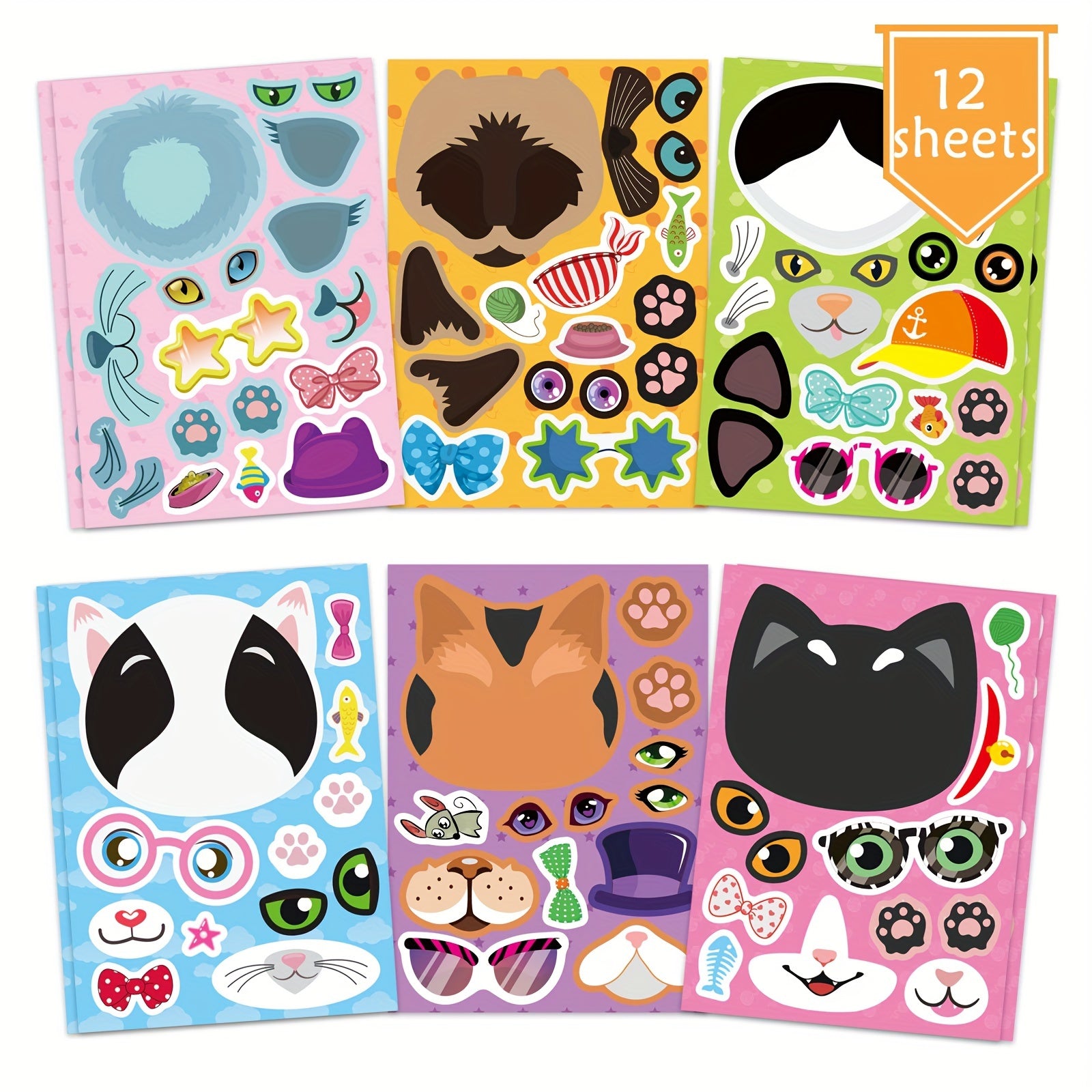 12 Sheets Cats Face Stickers Animal Birthday Gift Supplies