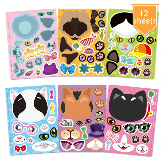 12 Sheets Cats Face Stickers Animal Birthday Gift Supplies