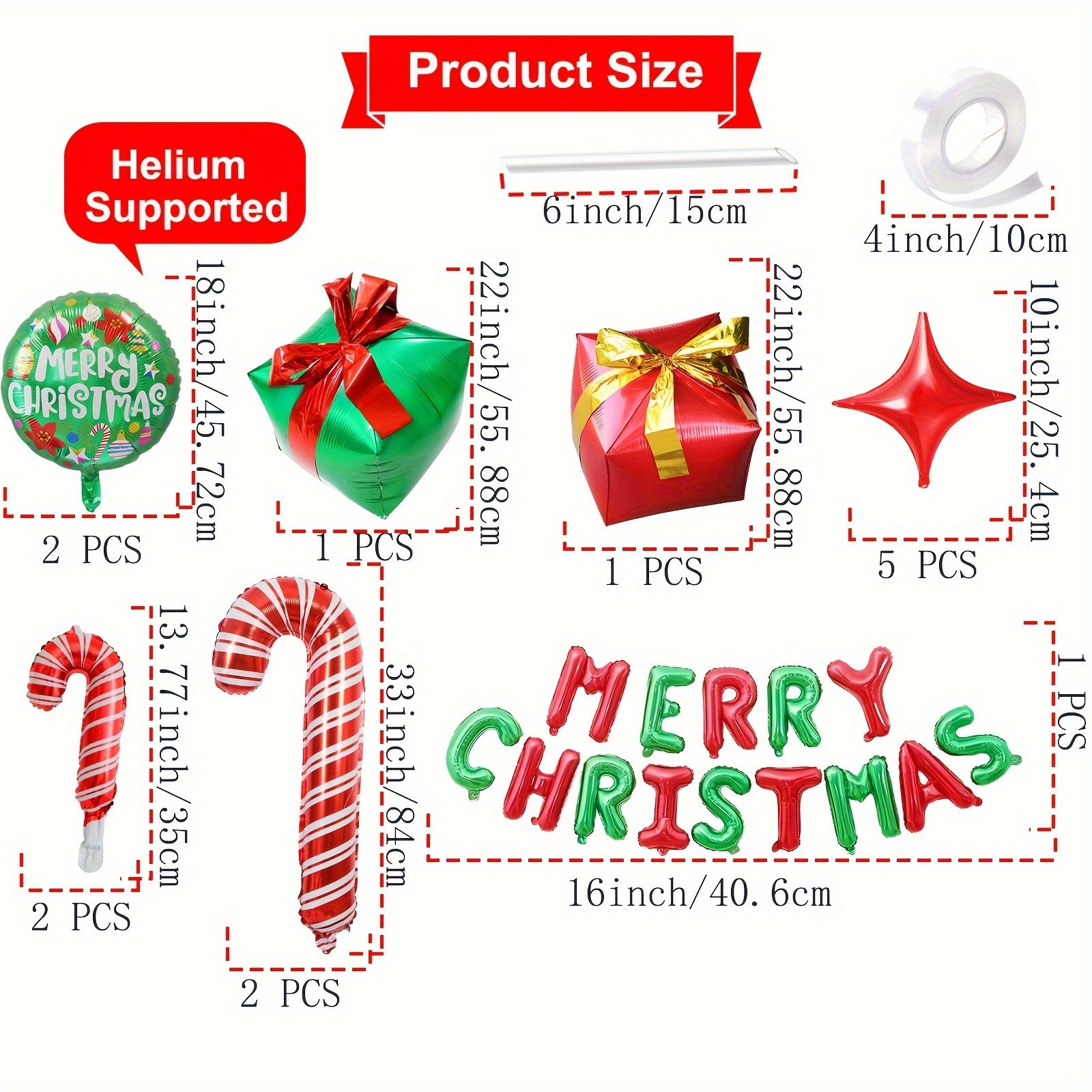 14pcs Christmas Balloon Set 'Merry Christmas' Candy Cane Quad Star Round
