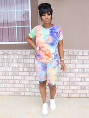 Women's Tie Dye 2 Pc Set Short Sleeve T shirt & High Waist