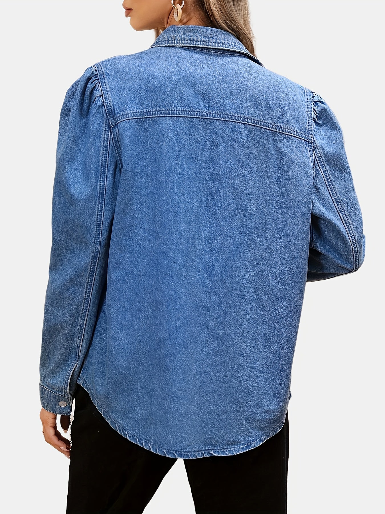 Long Sleeves Denim Top Flap Pockets Single Breasted Button Lapel