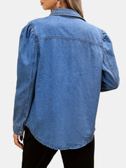 Long Sleeves Denim Top Flap Pockets Single Breasted Button Lapel