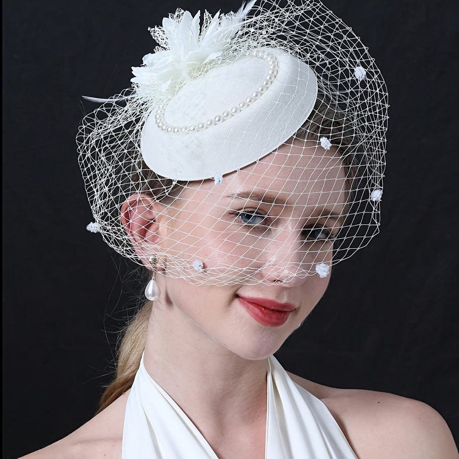 Women's Mesh Beret Top Hat Headband with Feather Accents