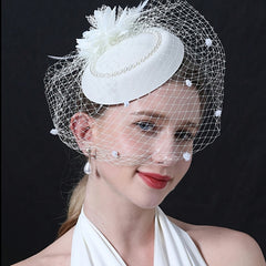 Women's Mesh Beret Top Hat Headband with Feather Accents