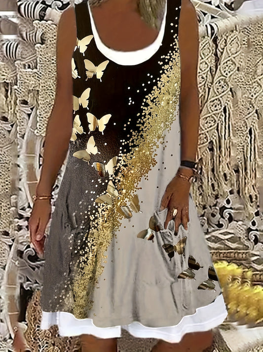  Colorblock Butterfly & Dots Print Tank Dress