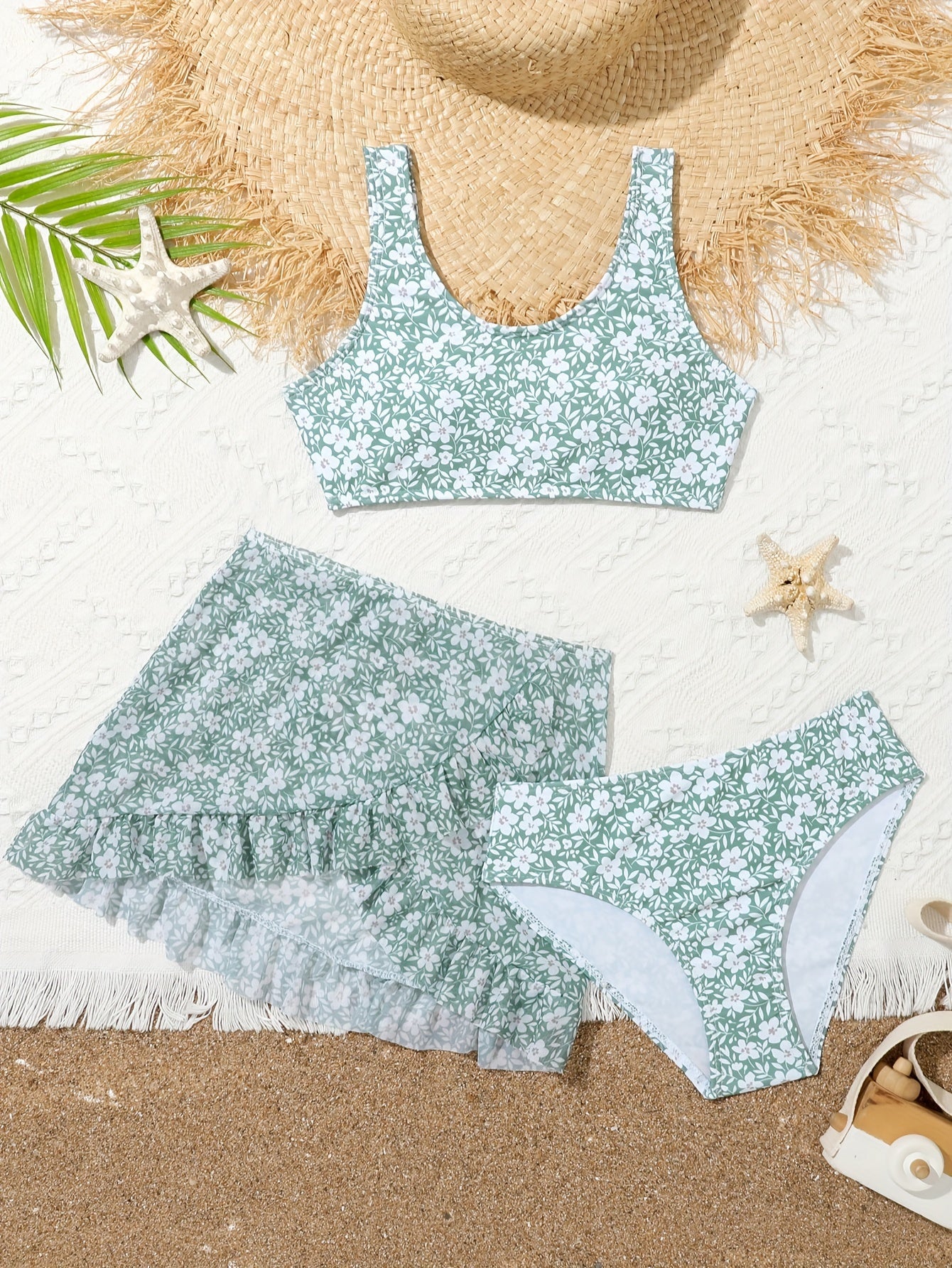 Girls Floral Split Bikini Swimsuit Set Sleeveless Top & Bottoms & Cover Up Skirt