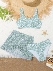 Girls Floral Split Bikini Swimsuit Set Sleeveless Top & Bottoms & Cover Up Skirt