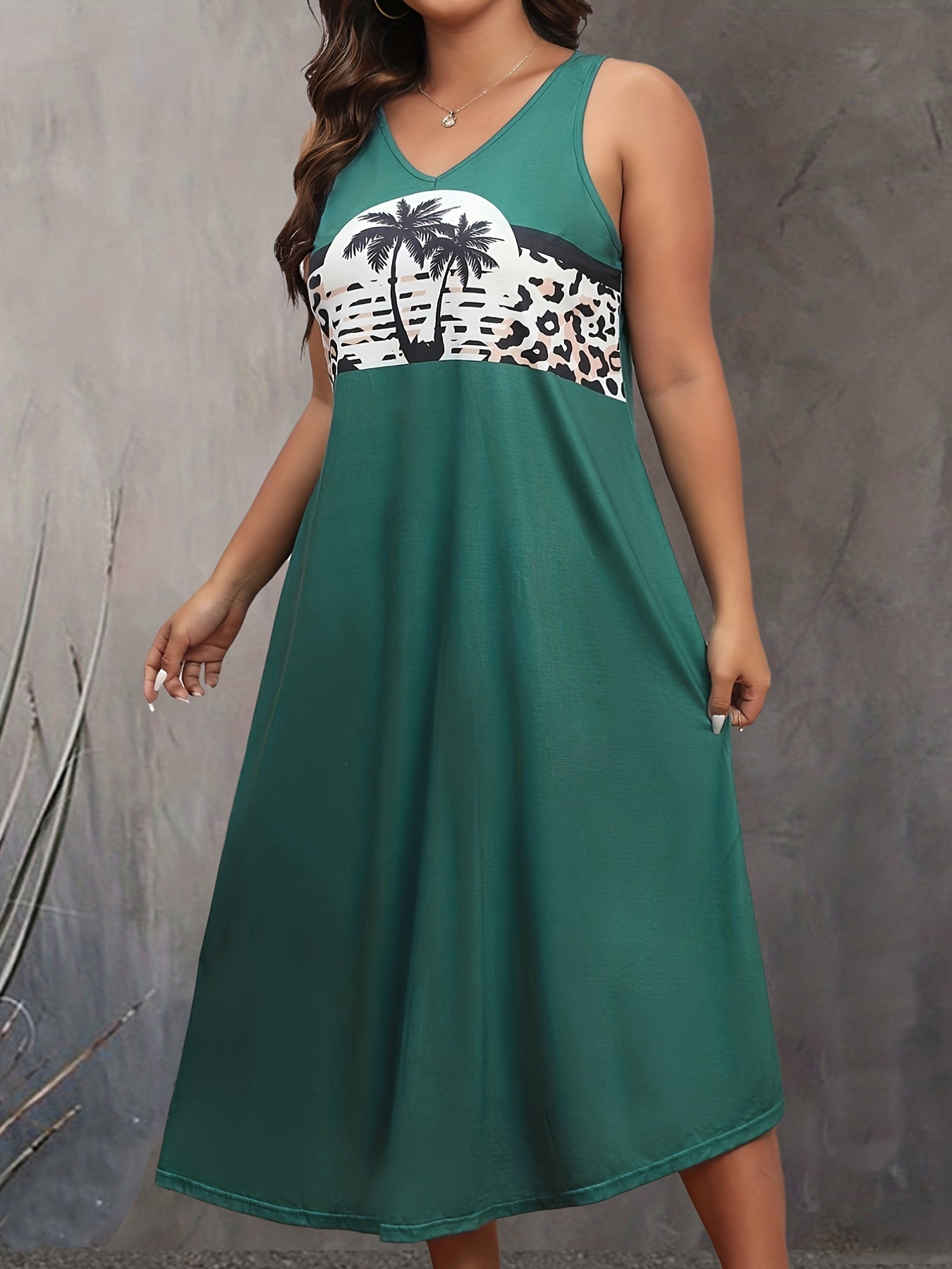  Leopard Print Maxi Tank Dress V Neck Medium Stretch
