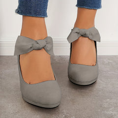 Women's Bowknot High Heels Backless Chunky Heels Closed Toe Pumps
