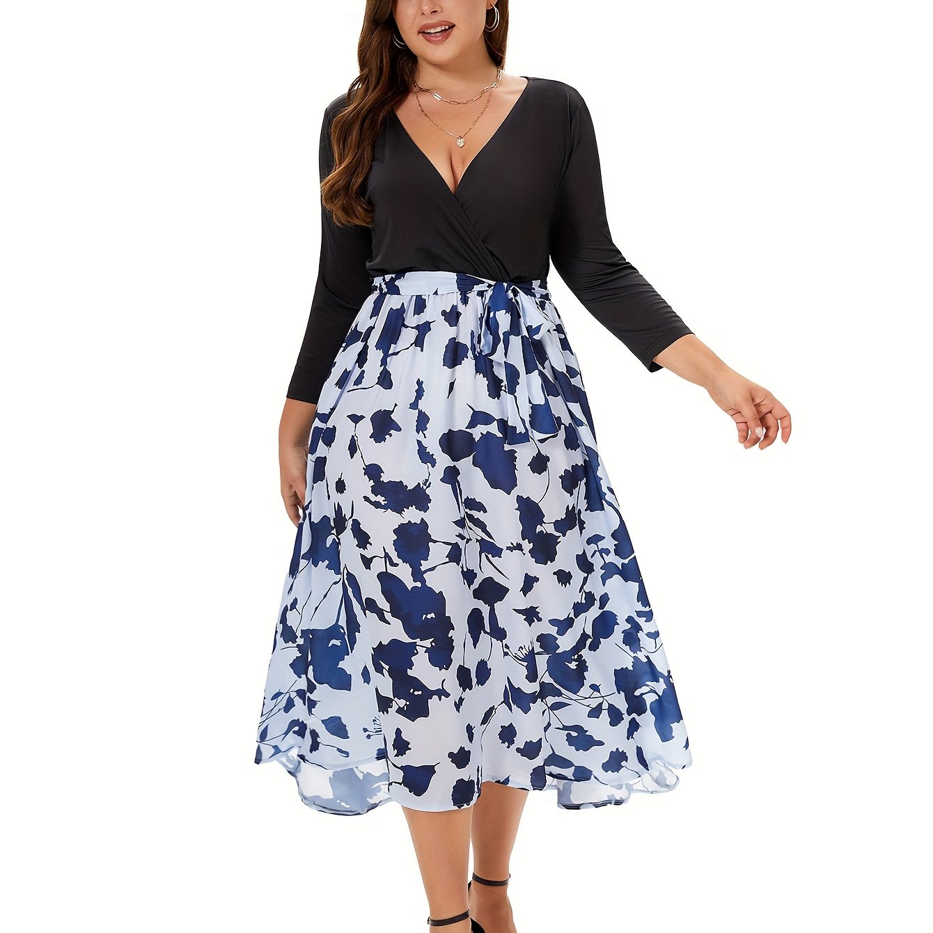  Colorblock Floral Print V Neck Midi Dress