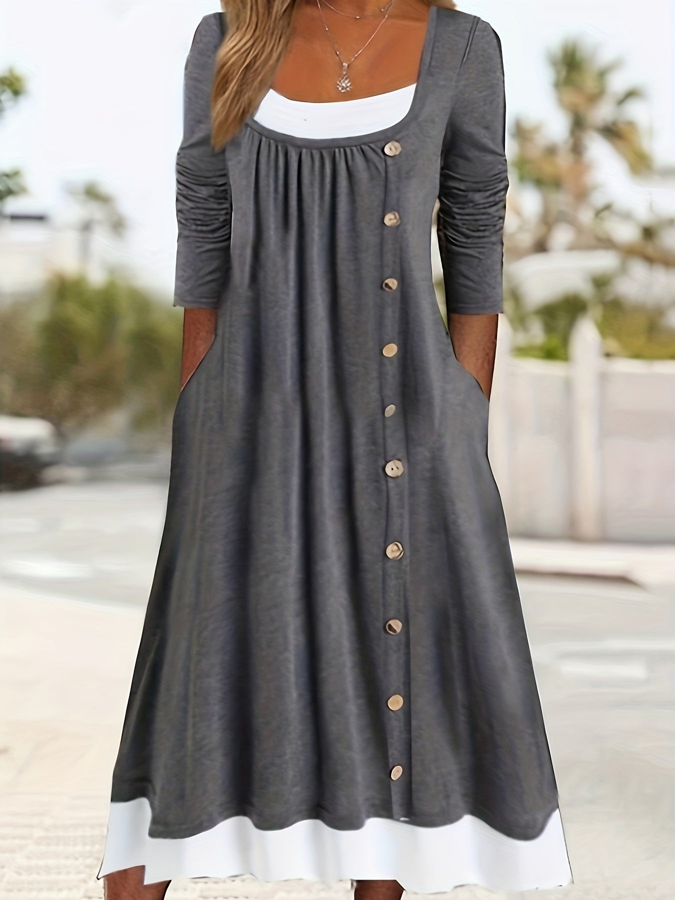  Colorblock Button Decor Long Sleeve Dress