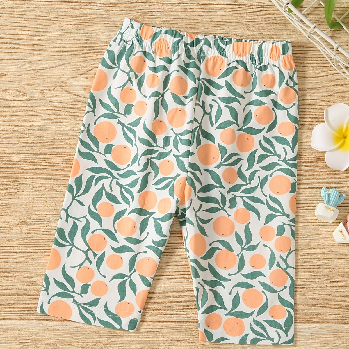 Girls Cotton Orange Print Elastic Waist Shorts Set