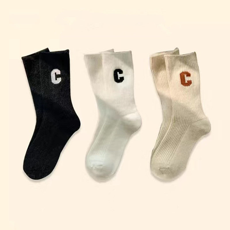 3 Pairs Letter Embroidery Mid Tube Socks