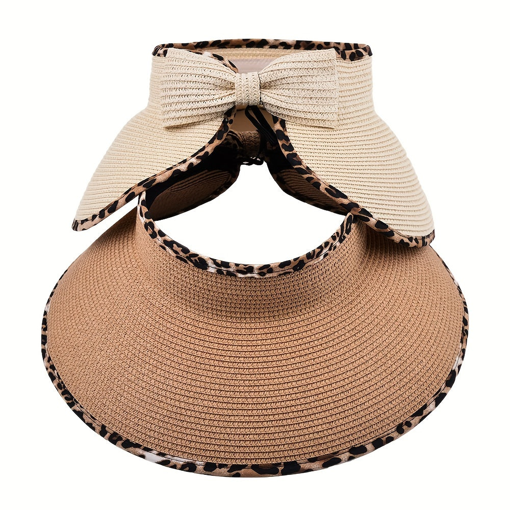 Leopard Straw Sun Visor Hat Wide Brim Sunscreen UV Protection Sun Hats Women
