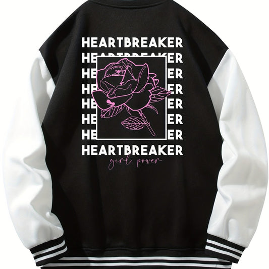 Heartbreaker Letter Print Rose Pattern Graphic Baseball Jacket Men
