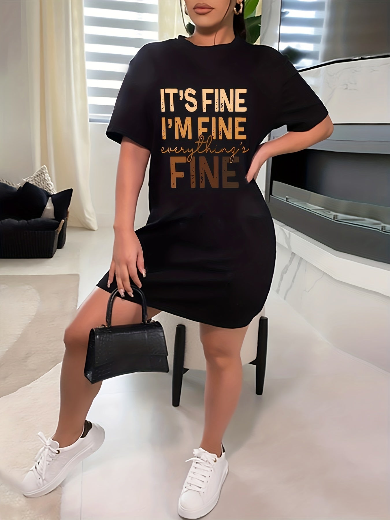  Casual Tee Dress Women's Plus Gradient Letter Print Short Sleeve