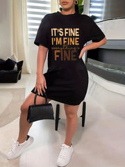  Casual Tee Dress Women's Plus Gradient Letter Print Short Sleeve